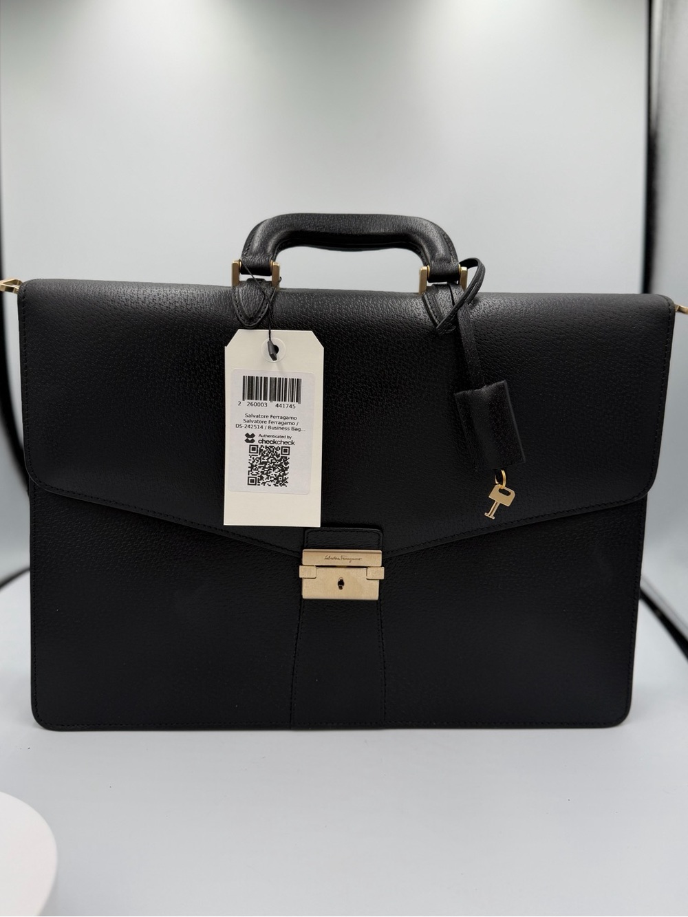 Salvatore Ferragamo Black Leather Briefcase with Gold Hardware w/ COA